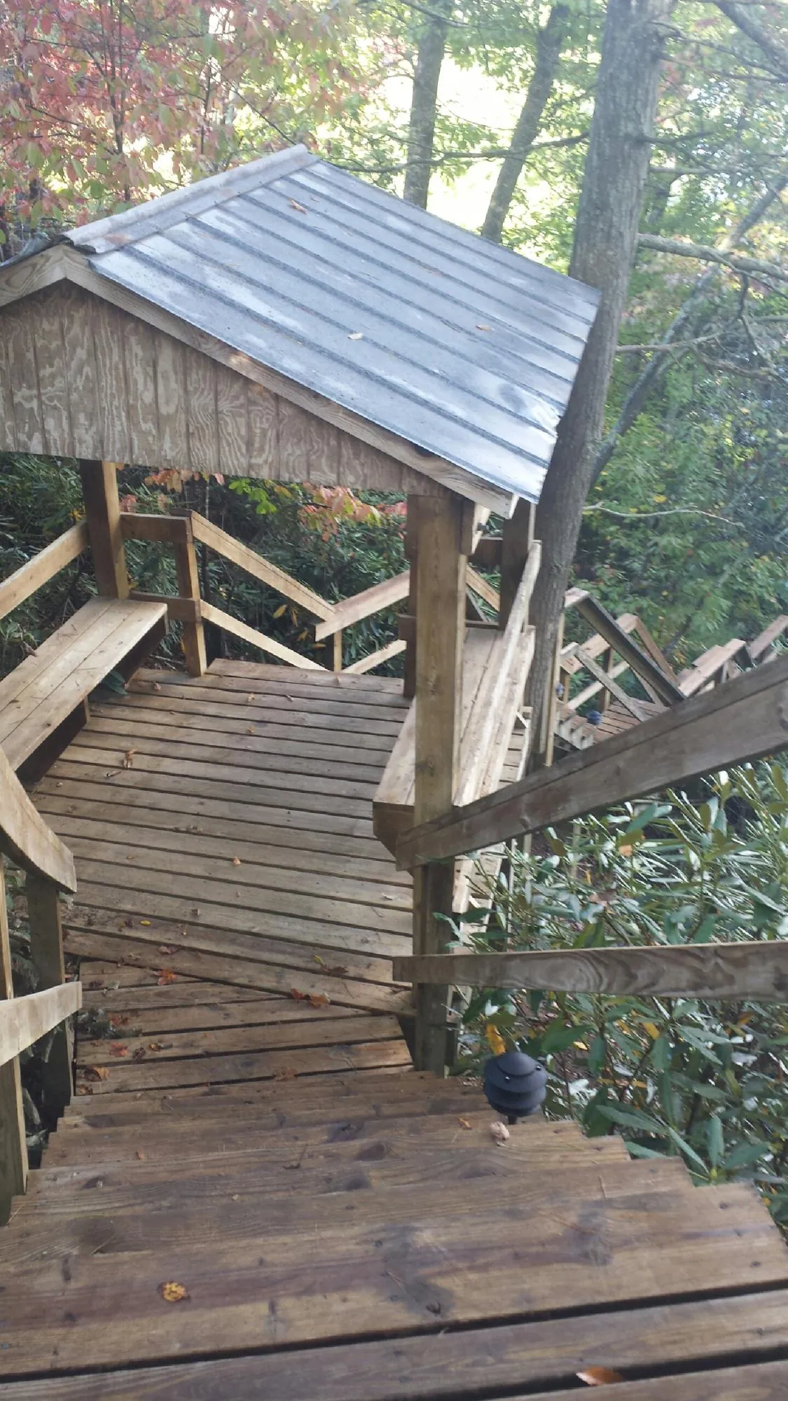Metal roofed shelter over wooden steps on a wooded walkway — Skylight Repair & Installation work by our crew in Grey Eagle